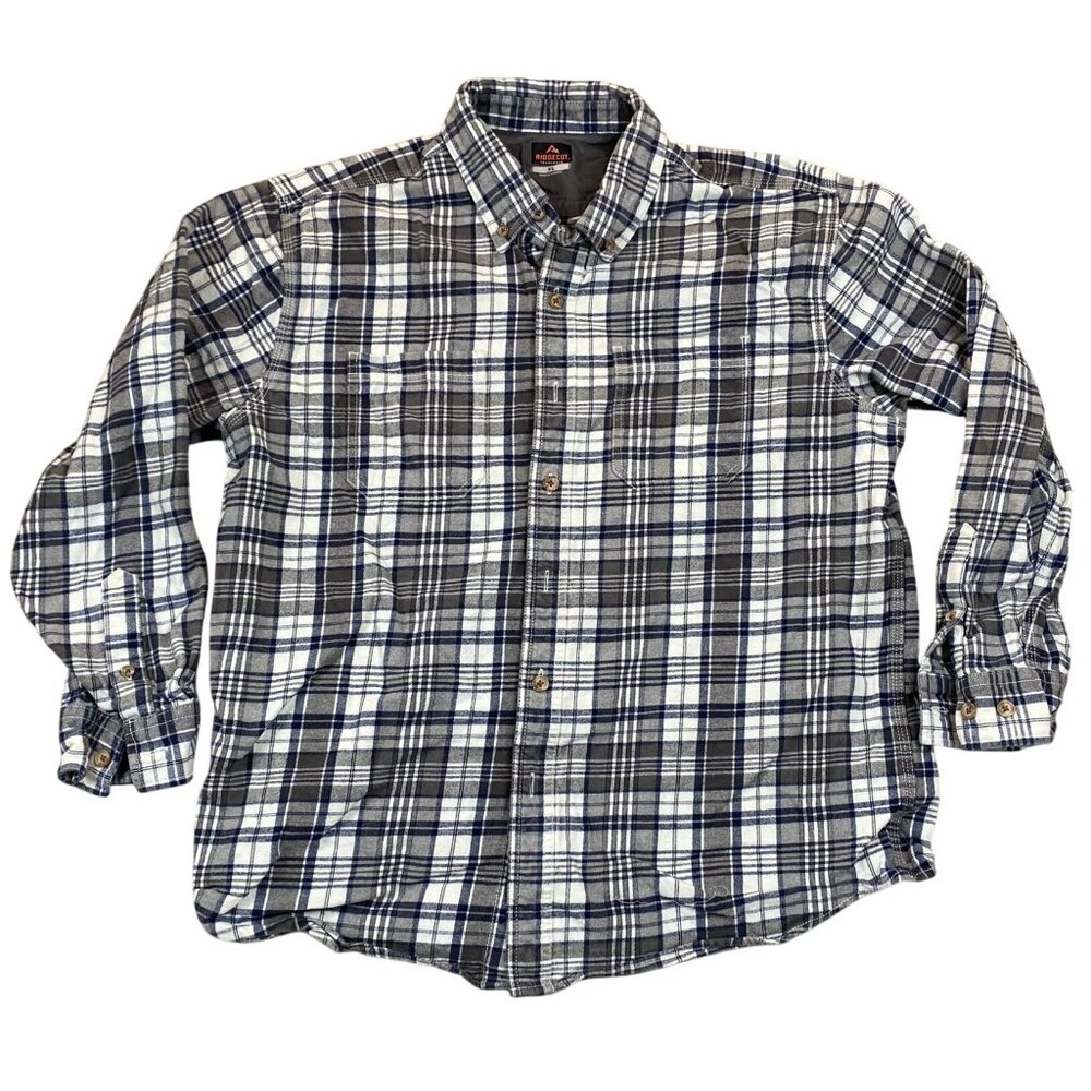 Ridgecut Mens XL Plaid Button-Up Shirt Blue/White 100% Cotton Long Sleeve